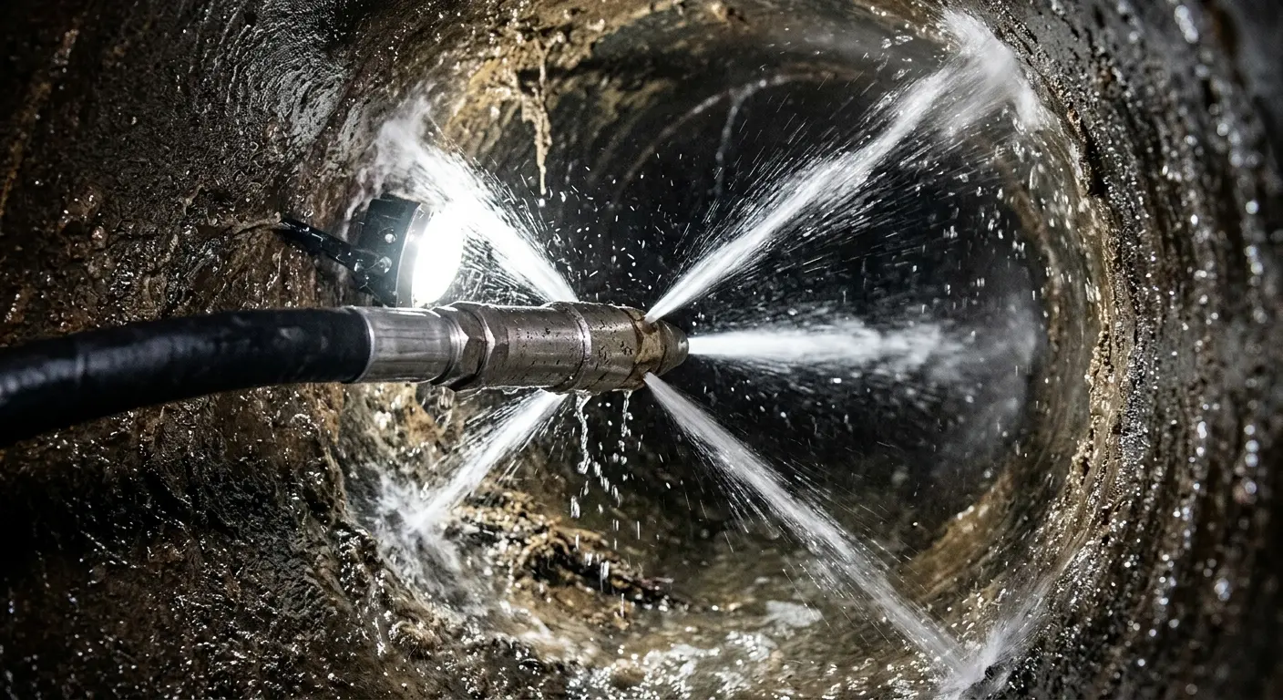 High-pressure hydro jetting nozzle cleaning sewer pipe for Emergency Drain Service in Madera Acres
