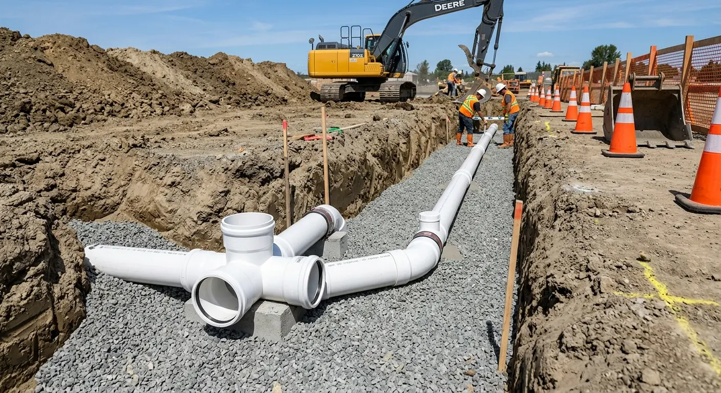 New PVC sewer pipe installation in open trench for Sewer Backup in Madera Acres