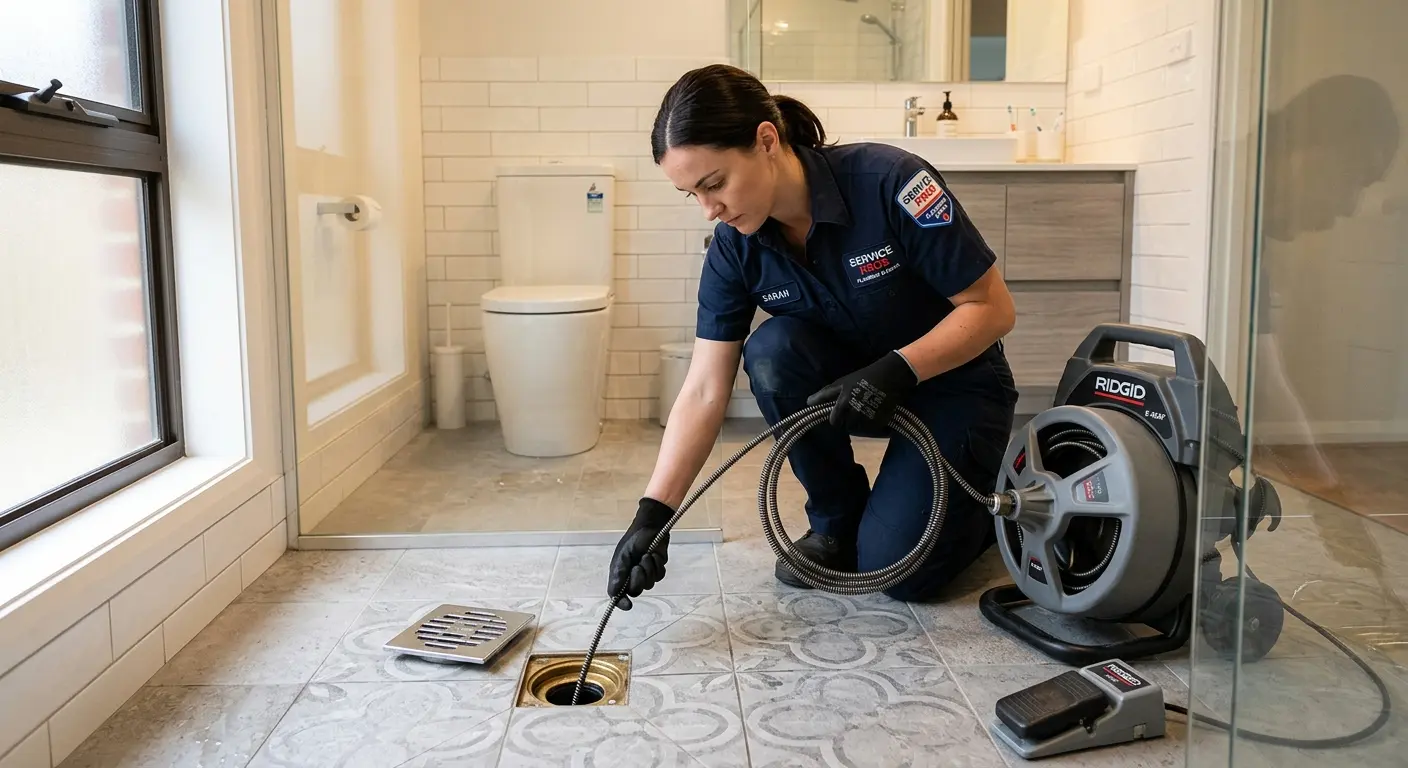 Technician clearing a bathroom floor drain for Sewer Line Replacement in Madera Acres